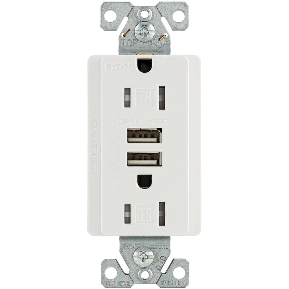 Eaton Electrical Outlets 15-Amp Tamper Resistant Residential/Commercial Decorator USB Outlet, White 1 Eaton Electrical Outlets 15-Amp Tamper Resistant Residential/Commercial Decorator USB Outlet, White