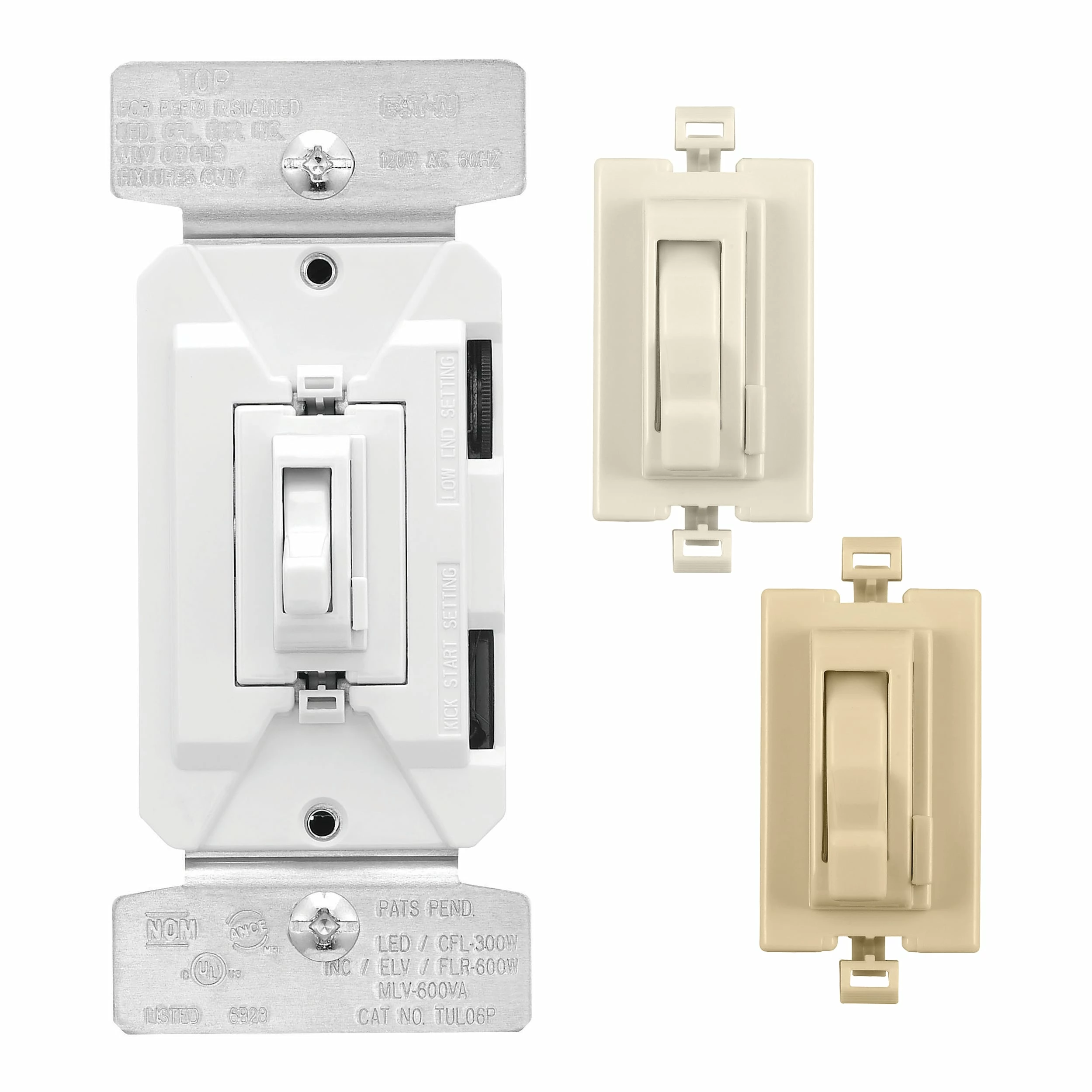 Eaton Light Dimmers Universal Dimmers Single-Pole/3-Way LED Toggle Light Dimmer, White/Light Almond/Ivory 1 Eaton Light Dimmers Universal Dimmers Single-Pole/3-Way LED Toggle Light Dimmer, White/Light Almond/Ivory