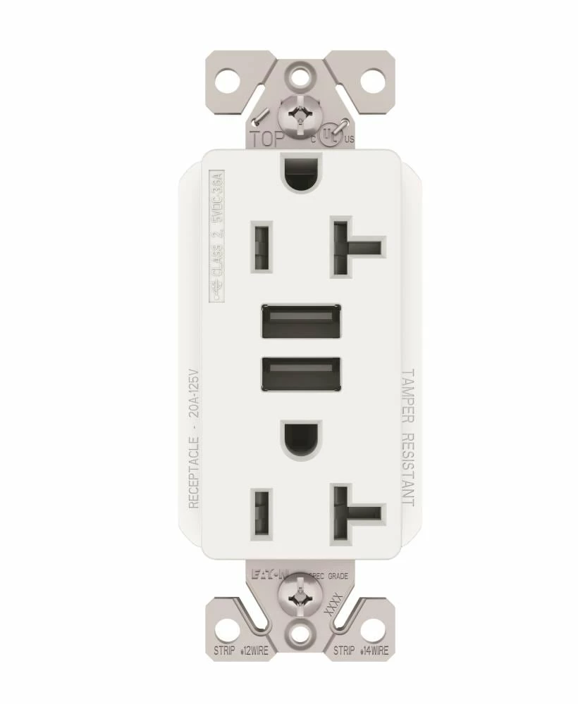 Eaton Electrical Outlets 20-Amp Tamper Resistant Residential/Commercial Decorator USB Outlet, White 1 Eaton Electrical Outlets 20-Amp Tamper Resistant Residential/Commercial Decorator USB Outlet, White